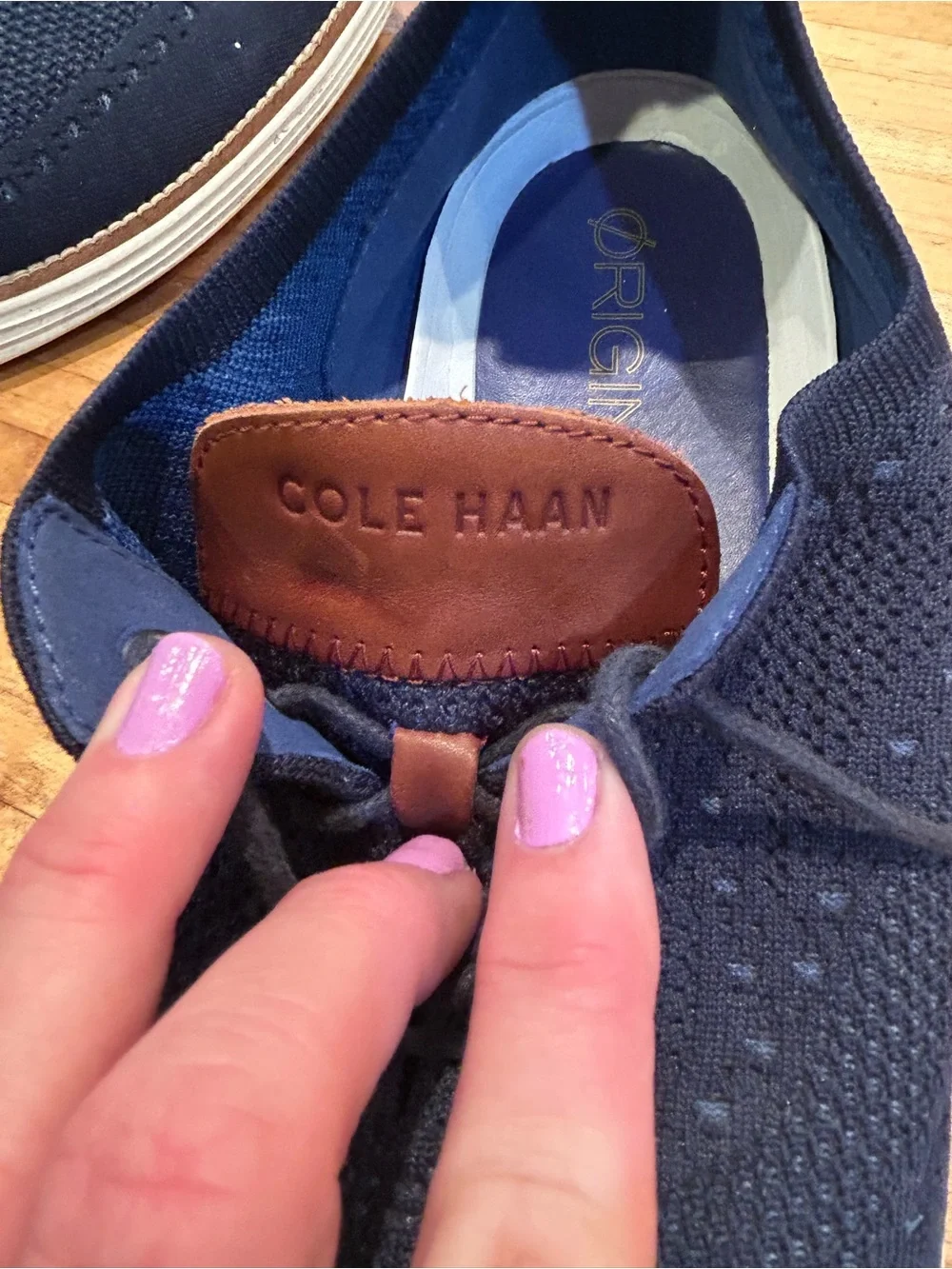 Cole Haan Navy Knit Lace-Up Slip-On Loafers with Tan Accents